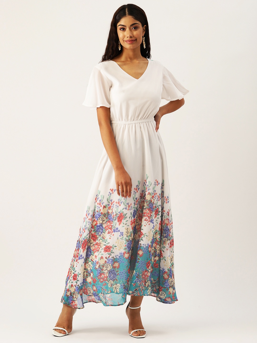 

Deewa Floral Print Georgette A-Line Maxi Dress, White