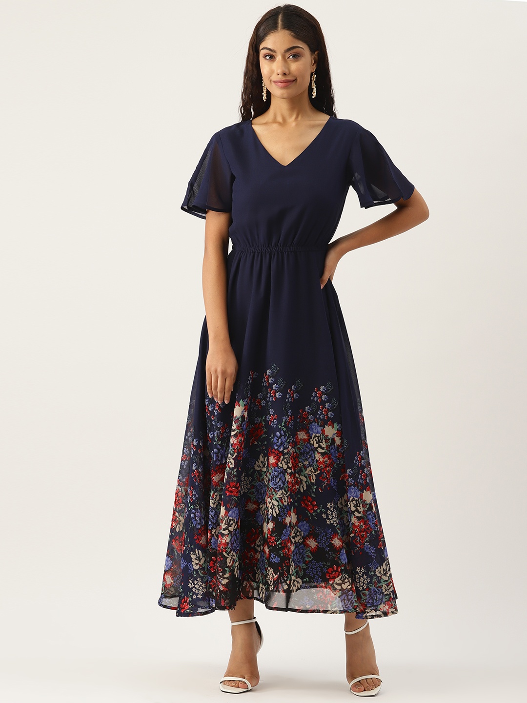 

Deewa Floral Print Georgette A-Line Maxi Dress, Navy blue