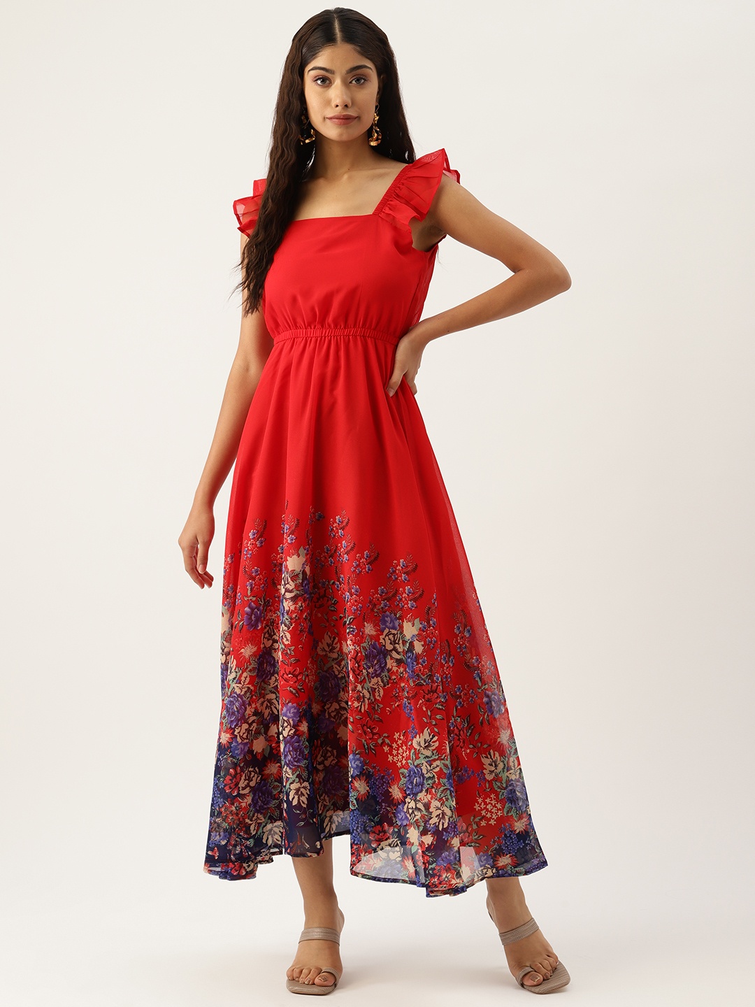 

Deewa Floral Print Georgette Fit & Flare Midi Dress, Red