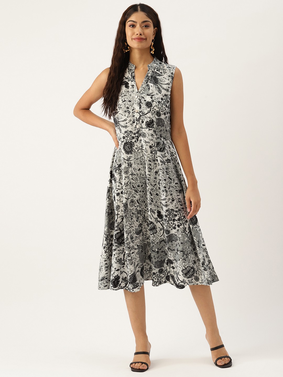 

Deewa Floral Print Crepe Fit & Flare Midi Dress, Grey