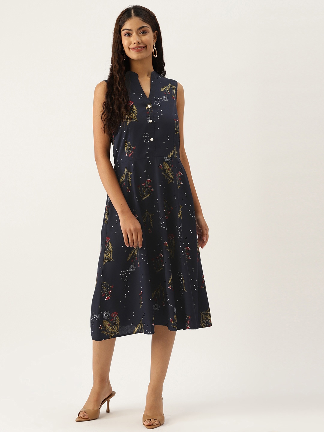

Deewa Floral Print Crepe A-Line Midi Dress, Navy blue