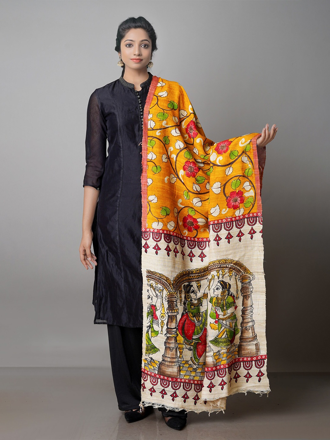 

Unnati Silks Ethnic Motifs Printed Cotton Silk Kalamkari Dupatta, Mustard