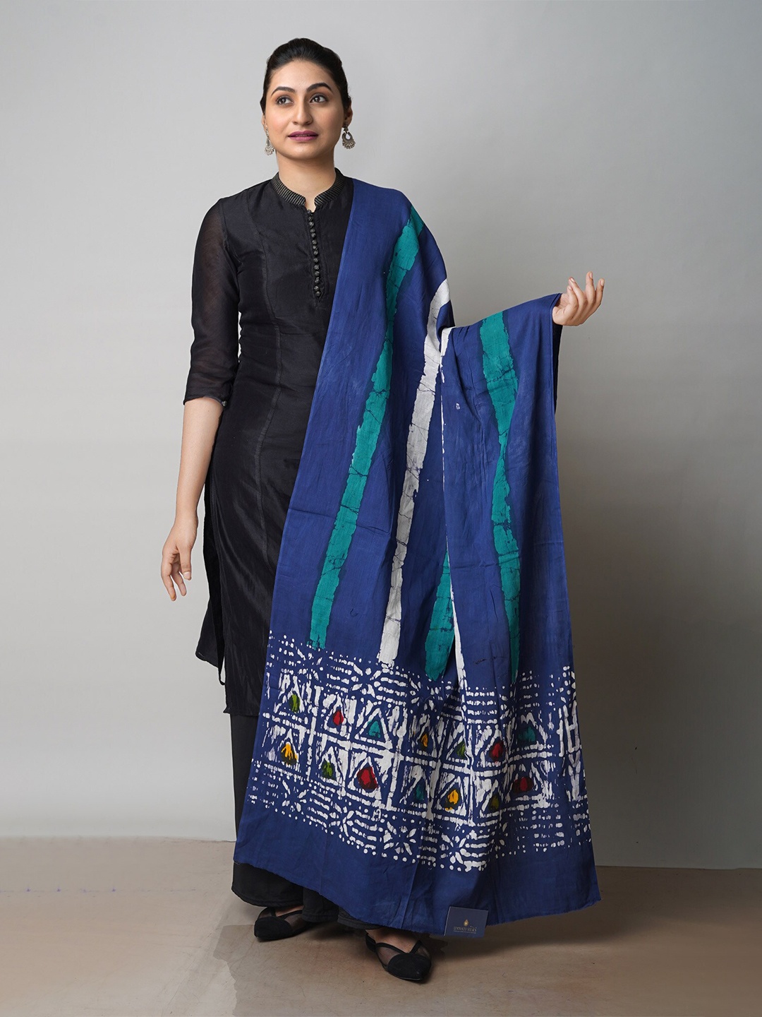 

Unnati Silks Floral Printed Batik Cotton Dupatta, Navy blue