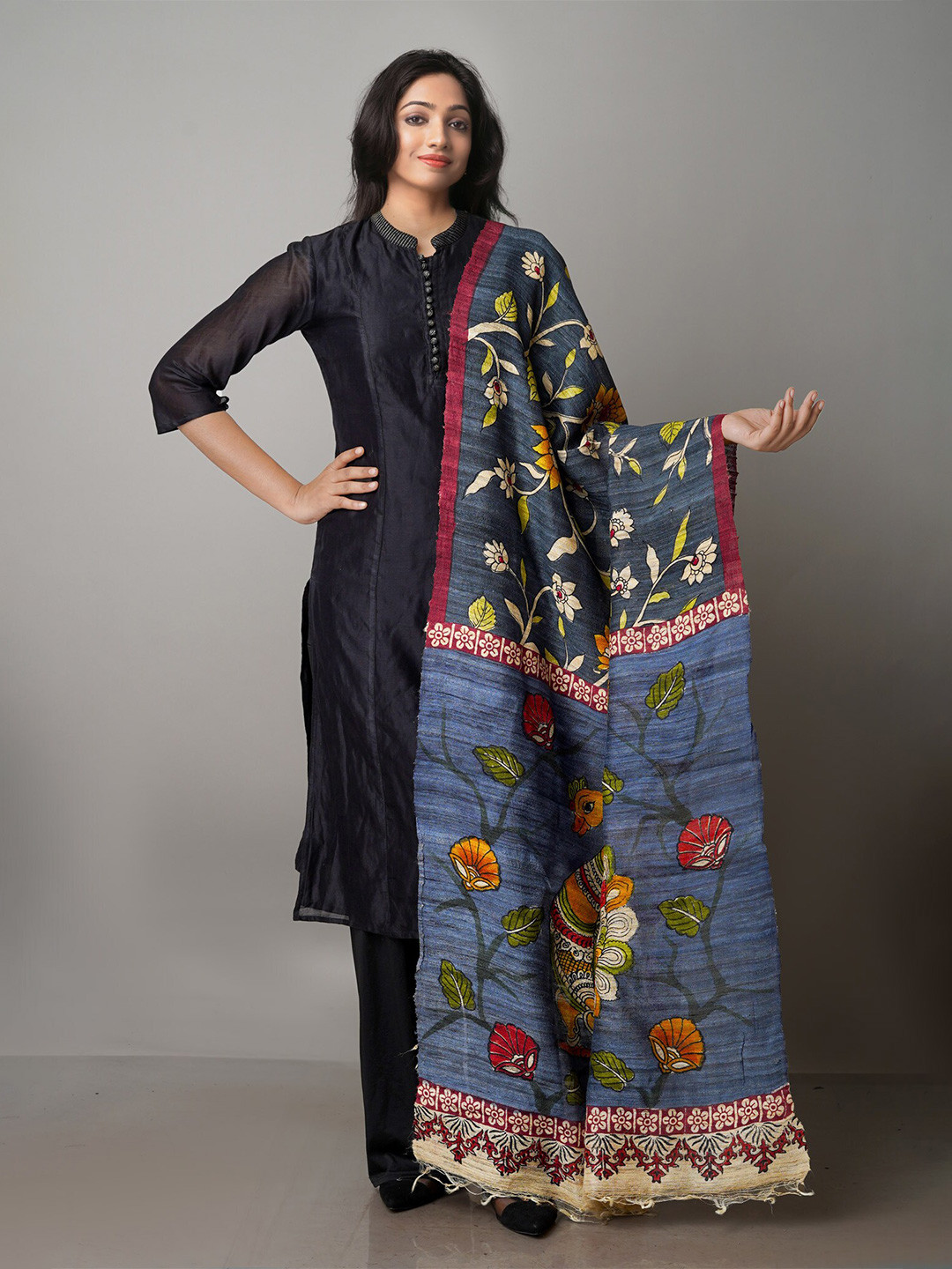 

Unnati Silks Ethnic Motifs Printed Tussar Jute Cotton Silk Kalamkari Dupatta, Grey