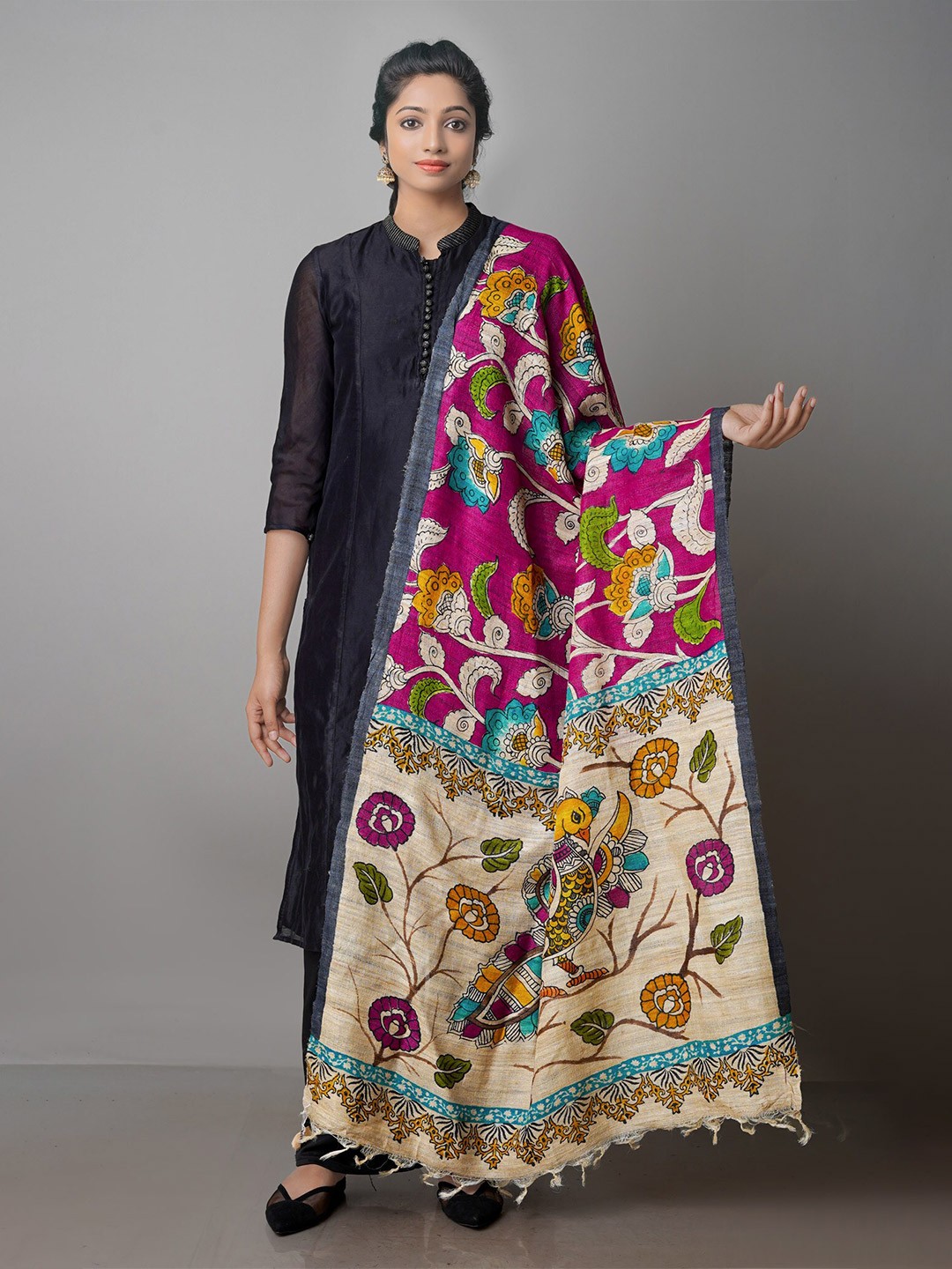 

Unnati Silks Ethnic Motifs Printed Tussar Jute Cotton Silk Kalamkari Dupatta, Pink