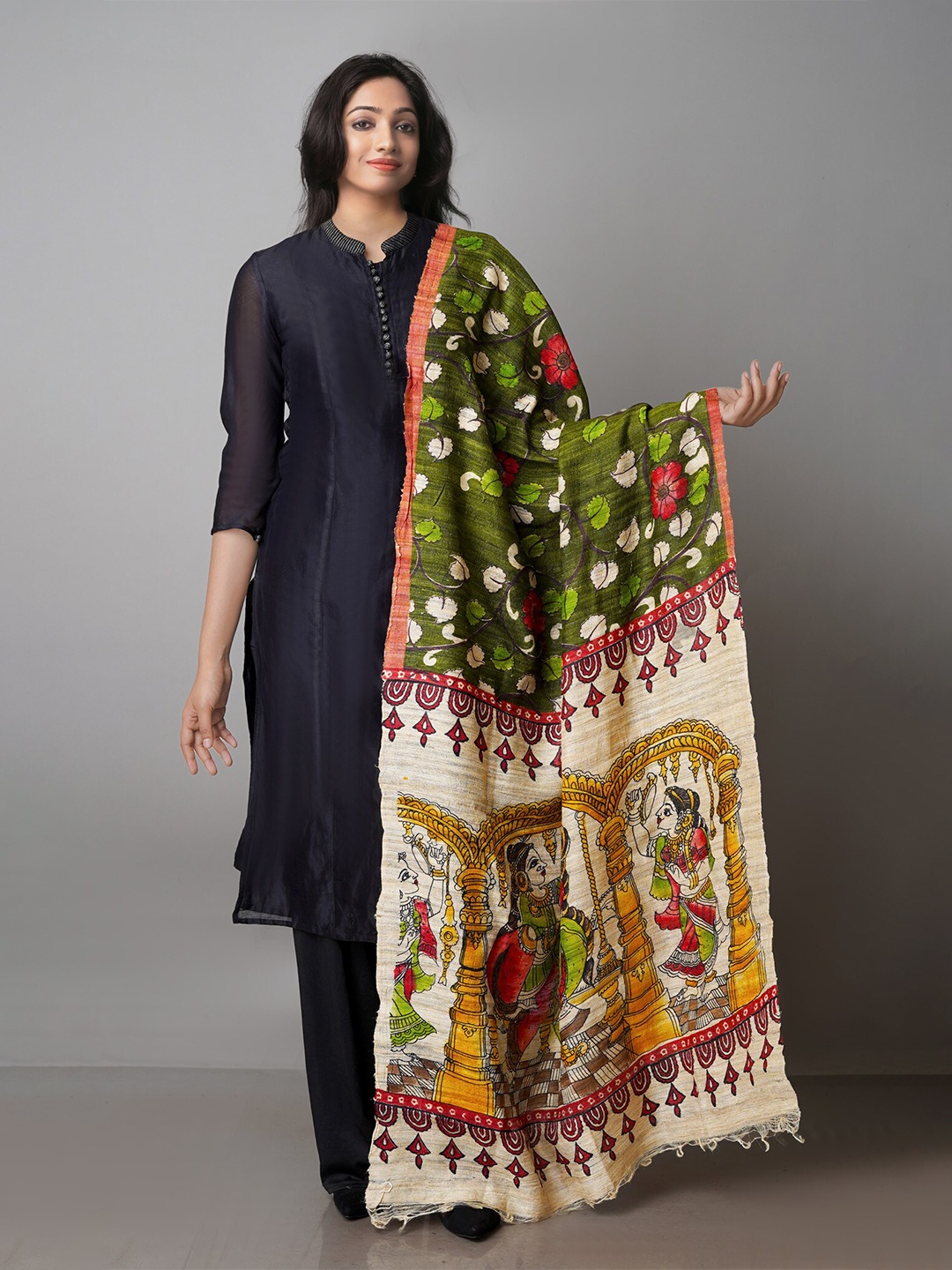 

Unnati Silks Ethnic Motifs Printed Tussar Jute Cotton Silk Kalamkari Dupatta, Beige