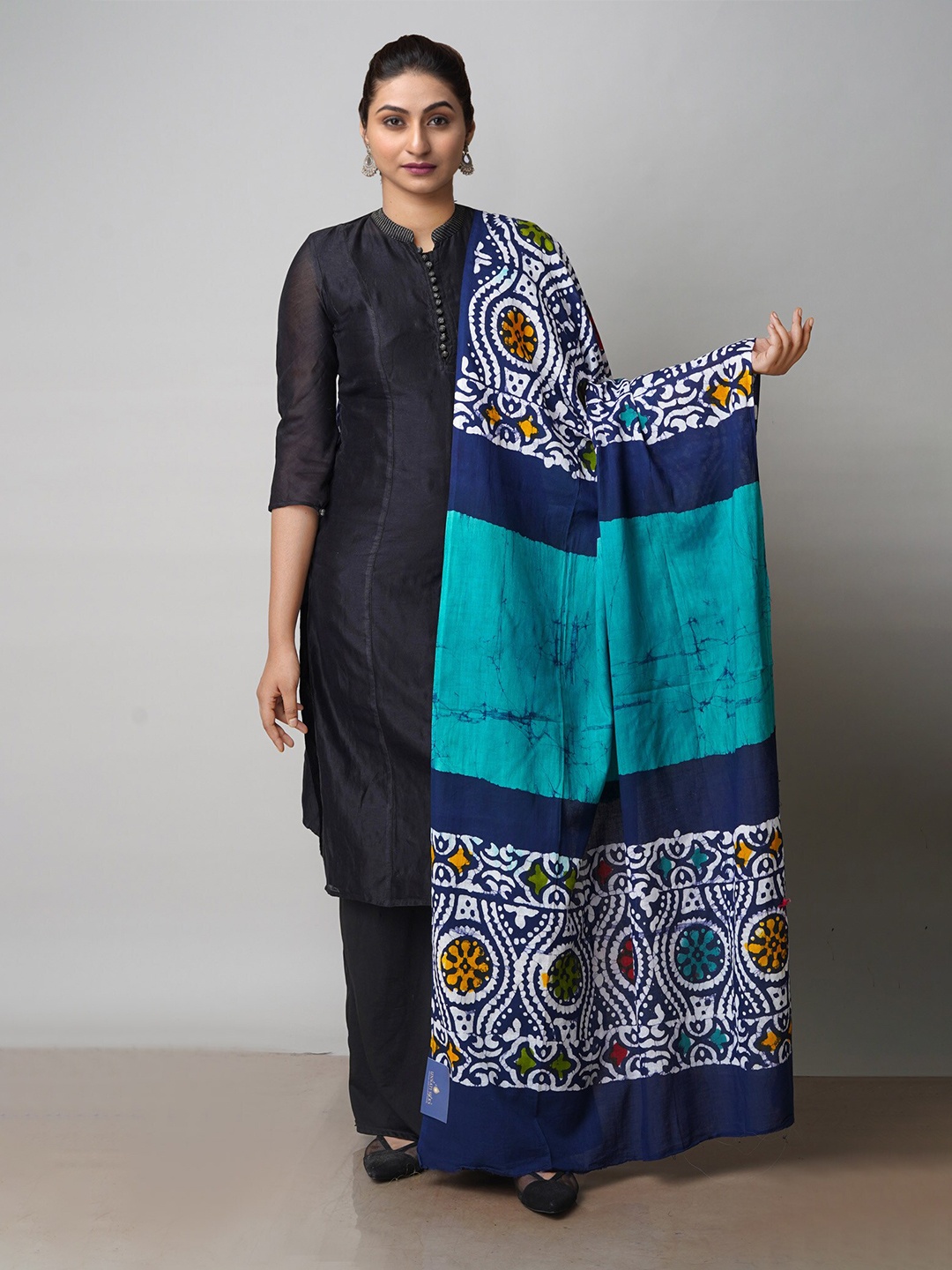 

Unnati Silks Floral Printed Batik Cotton Dupatta, Navy blue