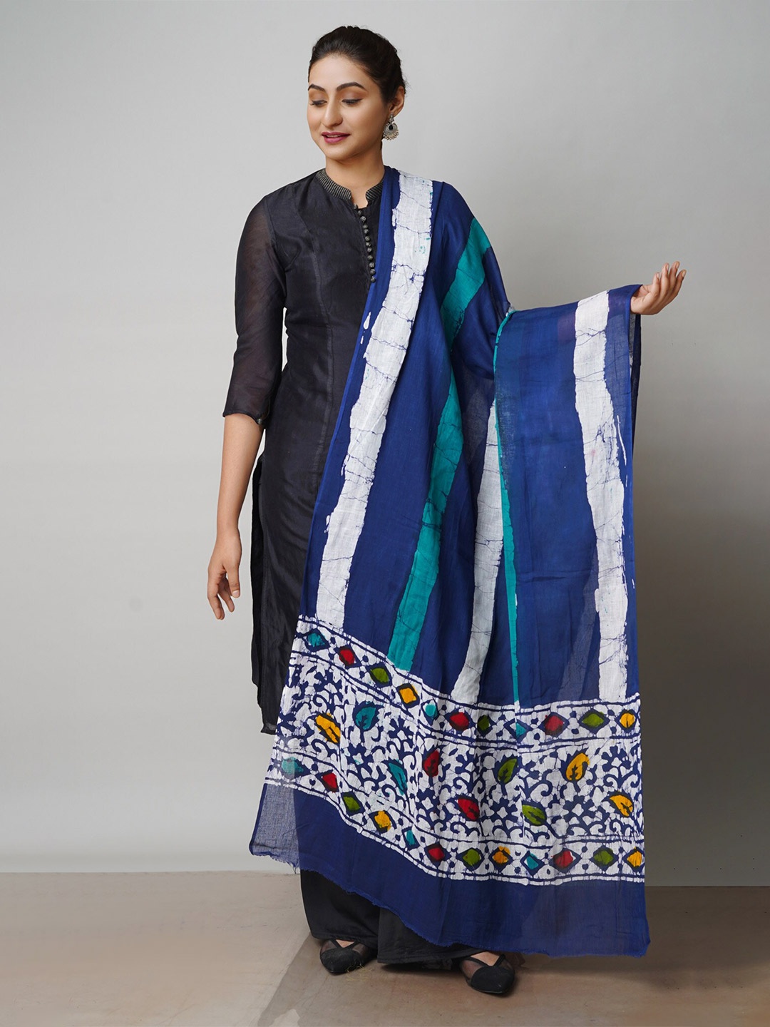 

Unnati Silks Striped Printed Batik Cotton Dupatta, Navy blue