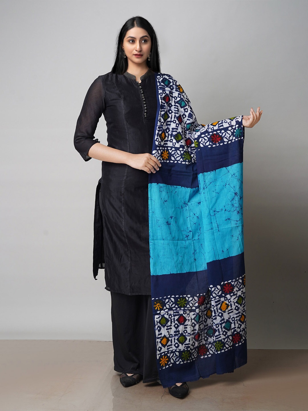 

Unnati Silks Floral Printed Batik Cotton Dupatta, Blue