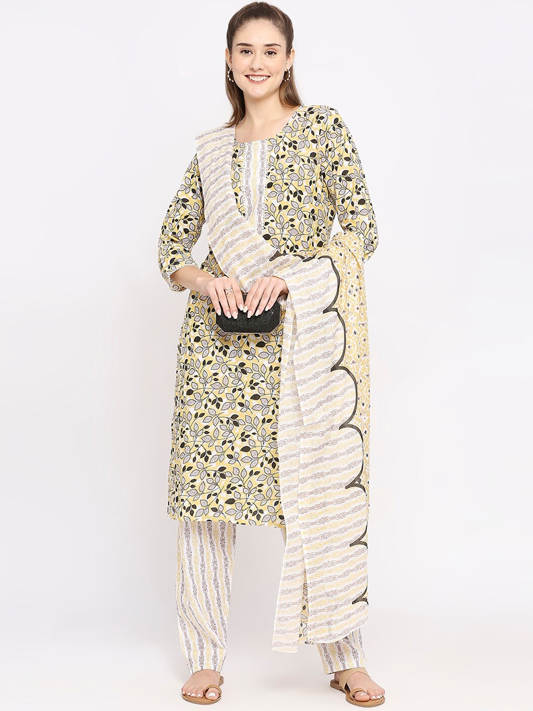 

ZRI Floral Printed Regular Pure Cotton Kurta With Trousers & Dupatta, Yellow