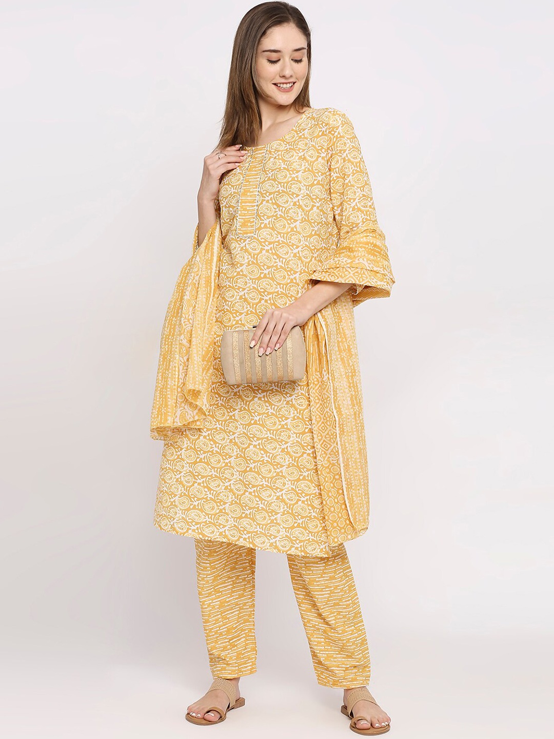 

ZRI Paisley Printed Gotta Patti Pure Cotton Kurta with Trousers & Dupatta, Mustard