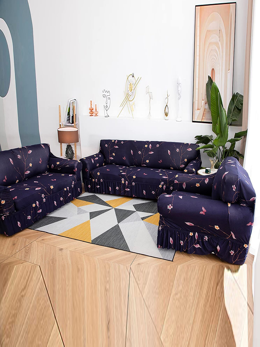 

HOUSE OF QUIRK Navy Blue & Pink Floral Printed Stretchable 3-Seater Sofa Slip Cover