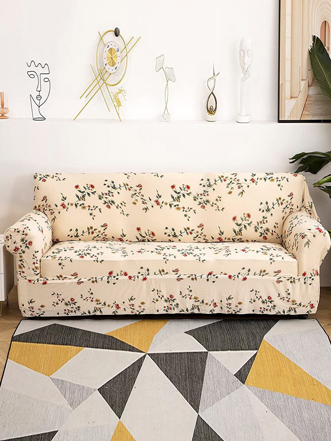 

HOUSE OF QUIRK Beige & Pink Printed Stretchable 3-Seater Sofa Slip Cover