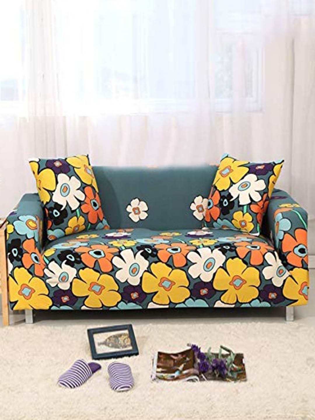 

HOUSE OF QUIRK Green & Yellow Floral Printed Stretchable Triple-Seater Sofa Slipcover
