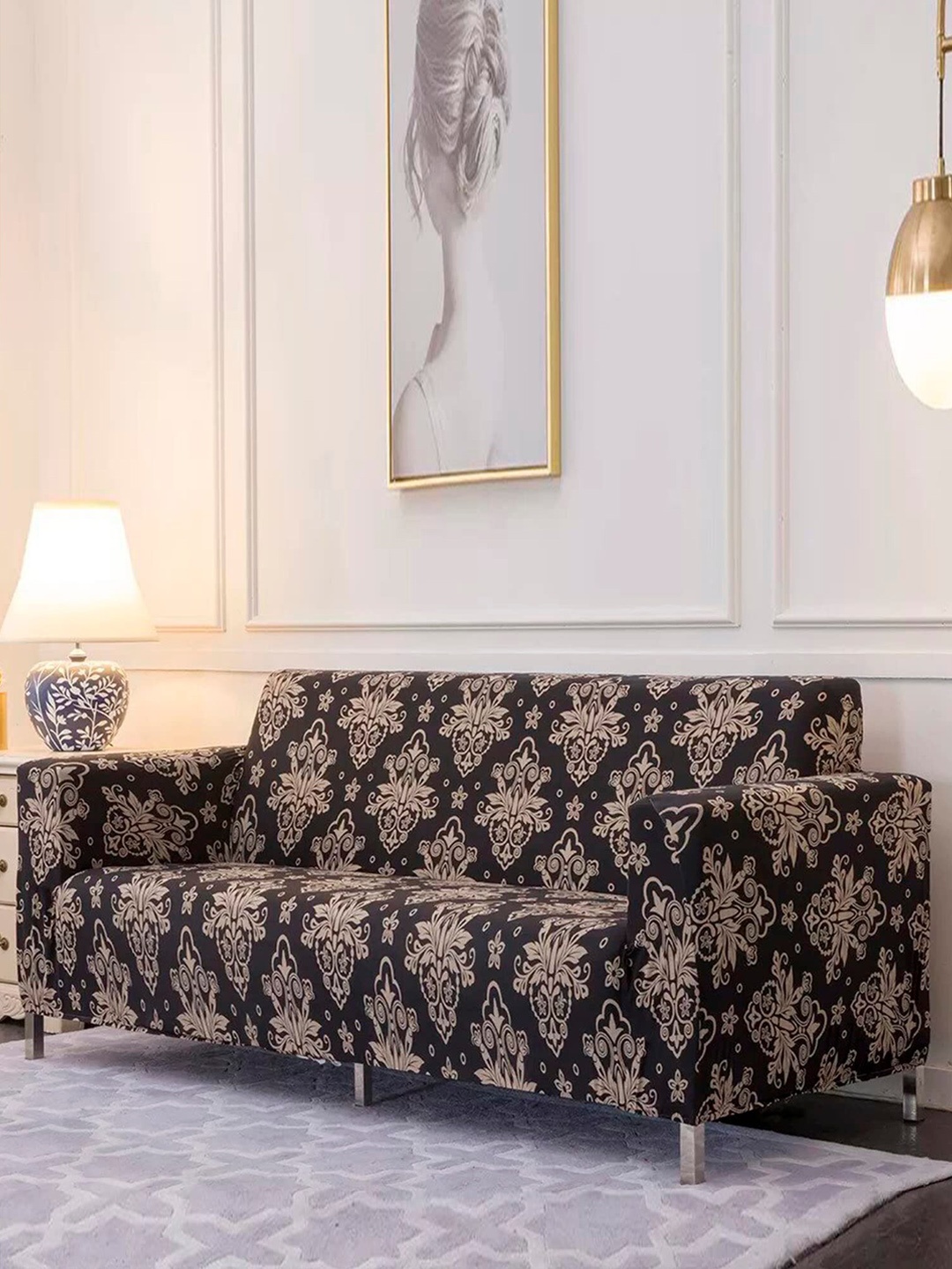 

HOUSE OF QUIRK Black & Beige Printed Stretchable 3-Seater Sofa Slip Cover