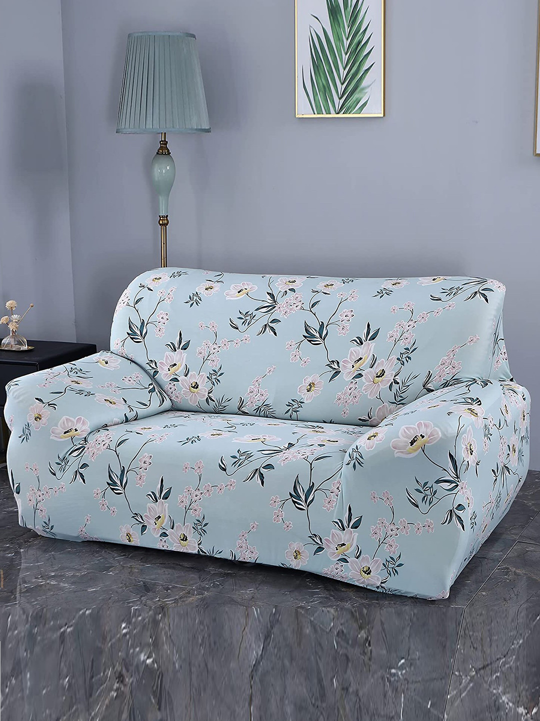 

HOUSE OF QUIRK Light Blue & Light Pink Printed Stretchable 3-Seater Sofa Slip Cover