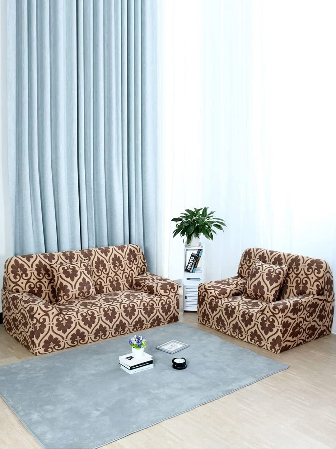 

HOUSE OF QUIRK Brown & Beige Printed Stretchable 3-Seater Sofa Slip Cover