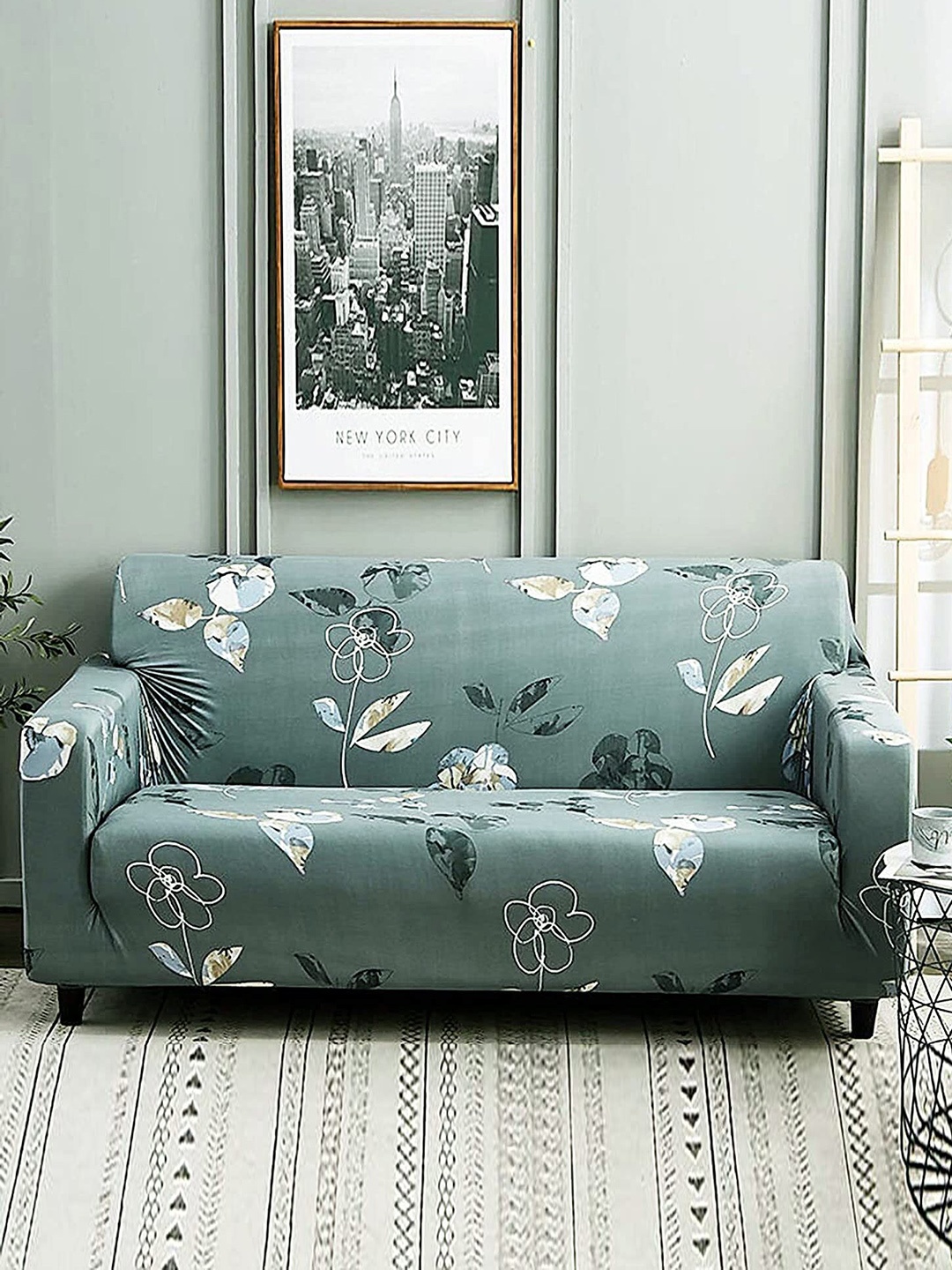 

HOUSE OF QUIRK Green & White Printed Stretchable 3-Seater Sofa Slip Cover