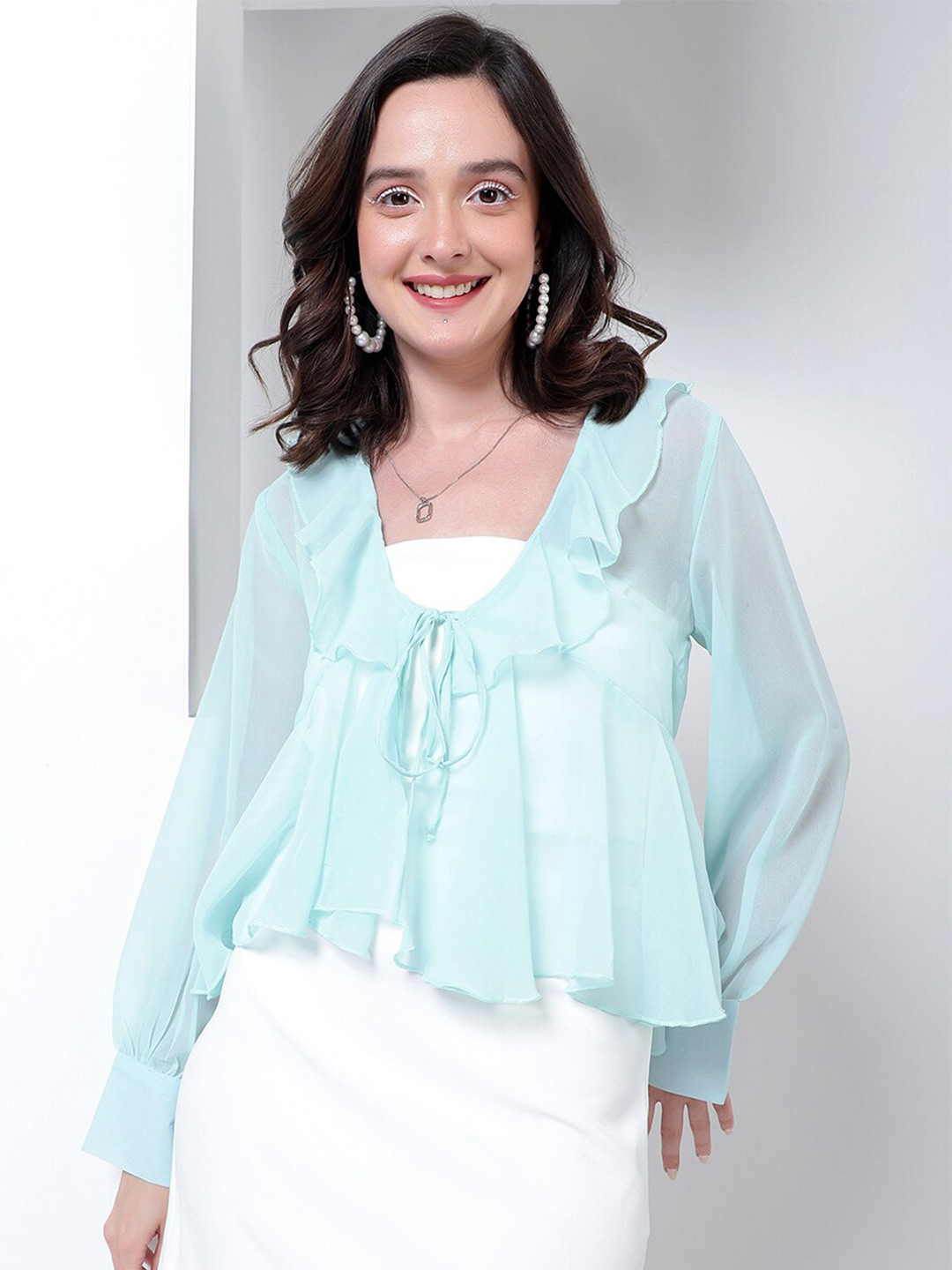 

KASSUALLY Tie-Up Neck Peplum Top, Blue
