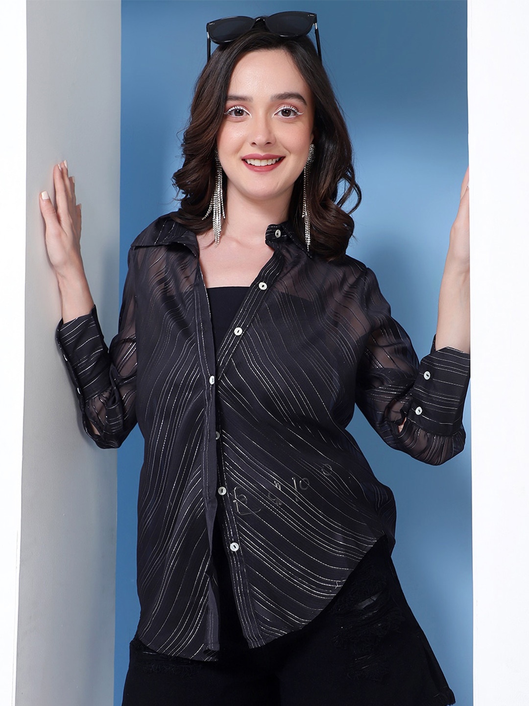 

KASSUALLY Women Black Striped Semi-Sheer Casual Shirt