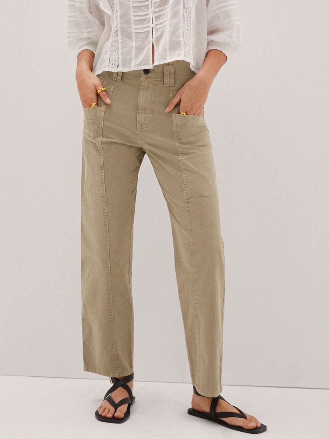 

MANGO Women Pure Cotton Cargo Trousers, Beige