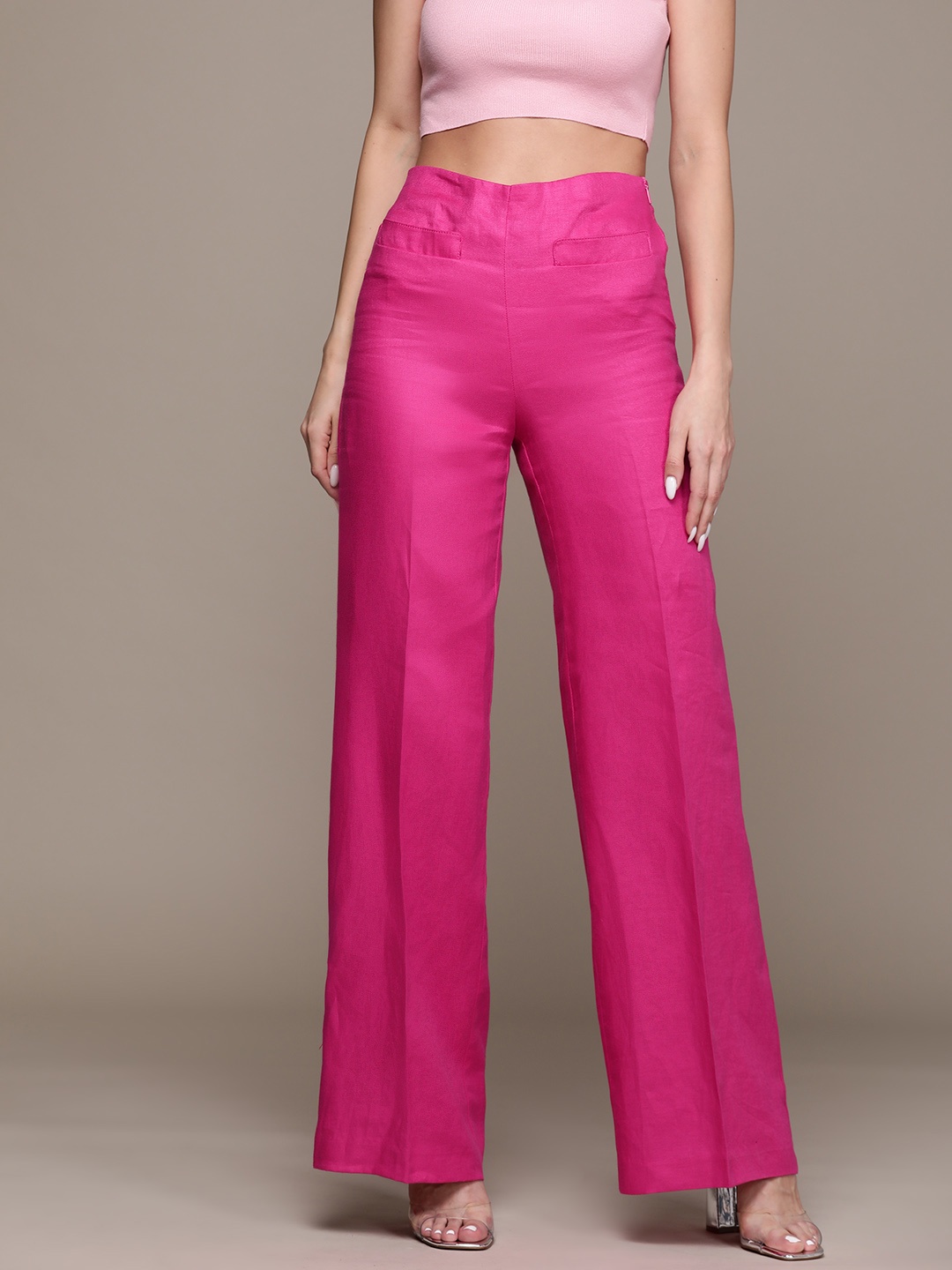 

MANGO Sustainable Linen High-Rise Pleated Trousers, Fuchsia