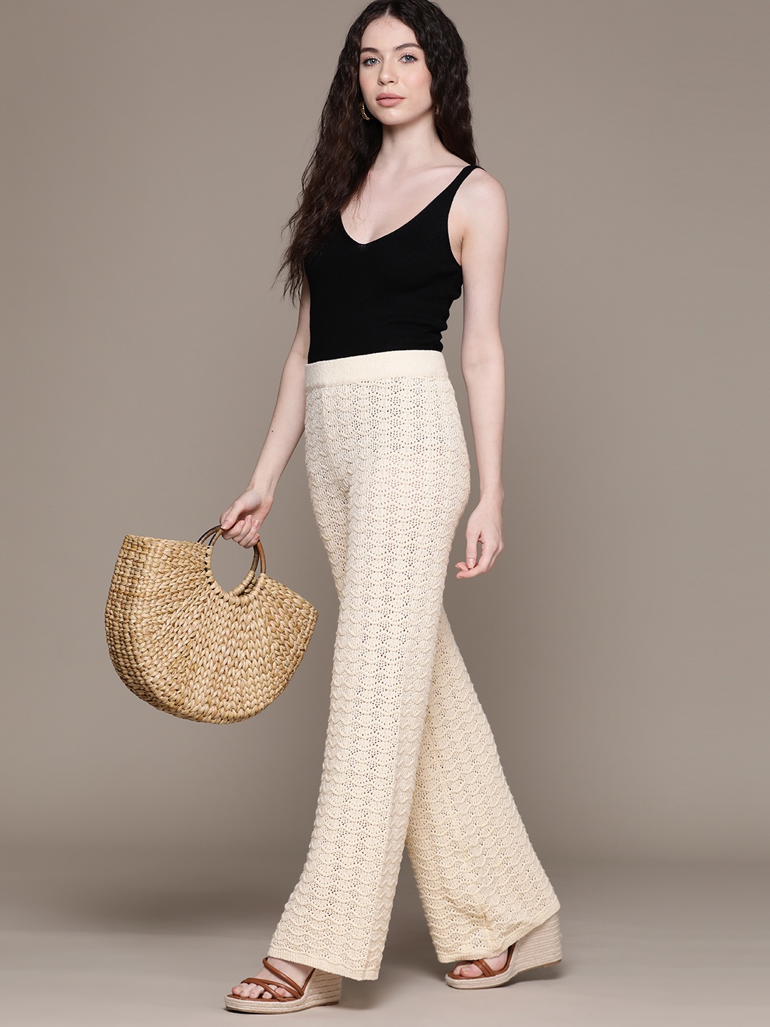 

MANGO Women Crochet Trousers, Cream