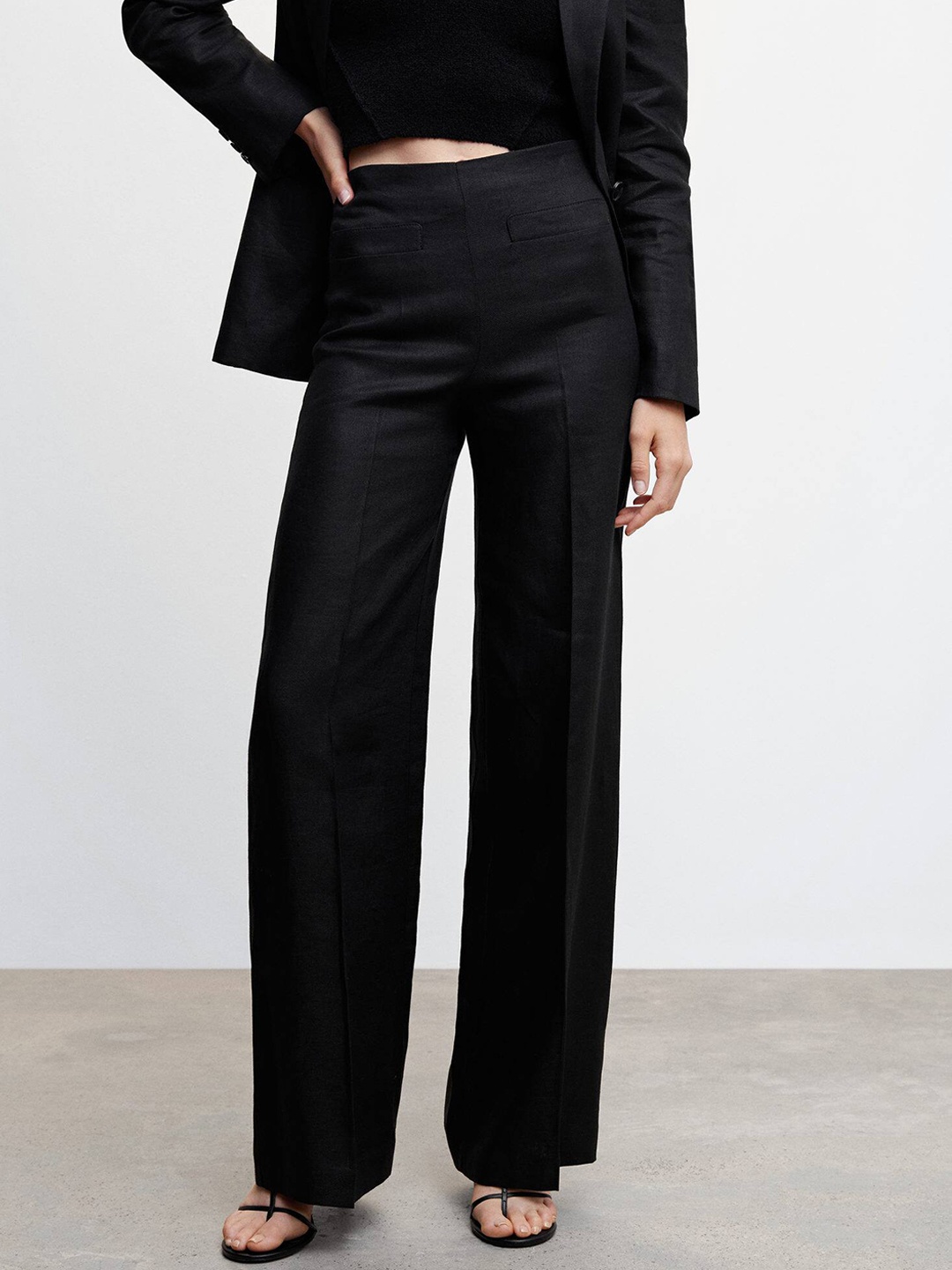 

MANGO Women Linen Trousers, Navy blue