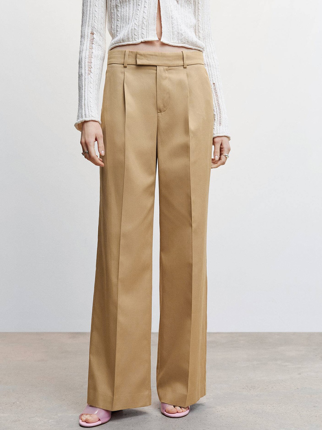 

MANGO Women Wide Leg Trousers, Beige