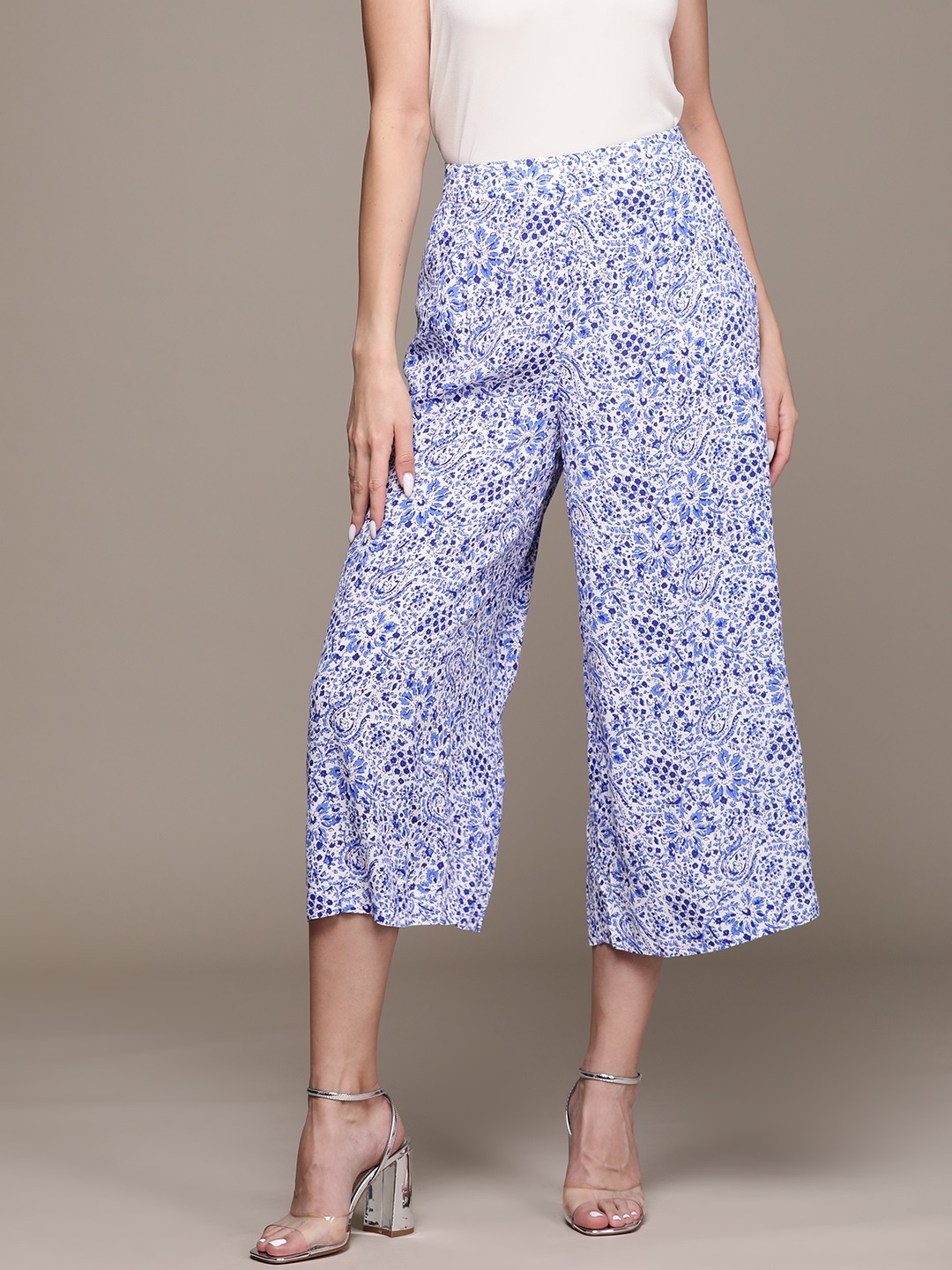 

MANGO Women Floral Printed Culottes Trousers, Blue