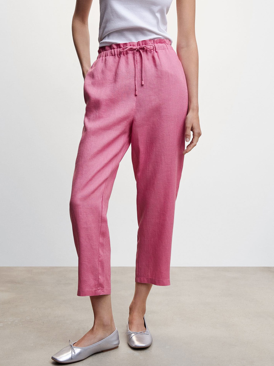 

MANGO Women Copped Linen Trousers, Pink