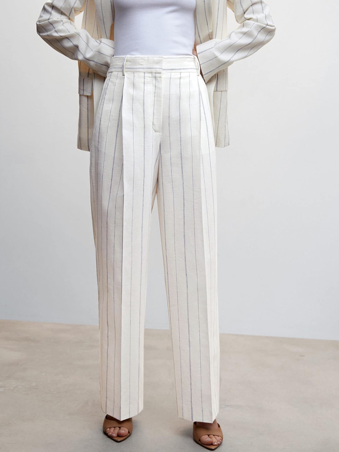 

MANGO Women Striped Pleated Trousers, White