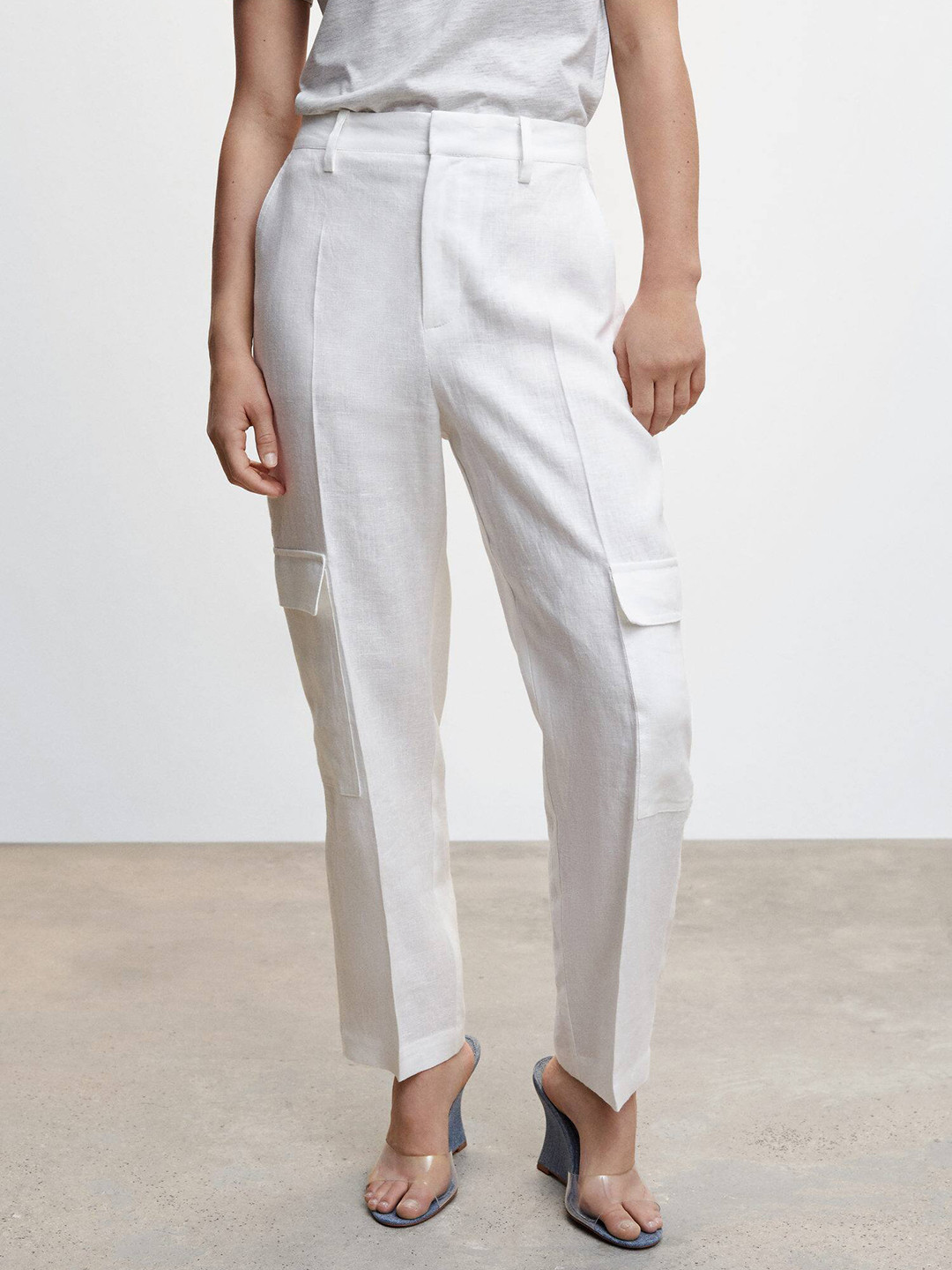 

MANGO Women Pleated Pure Linen Trousers, Grey