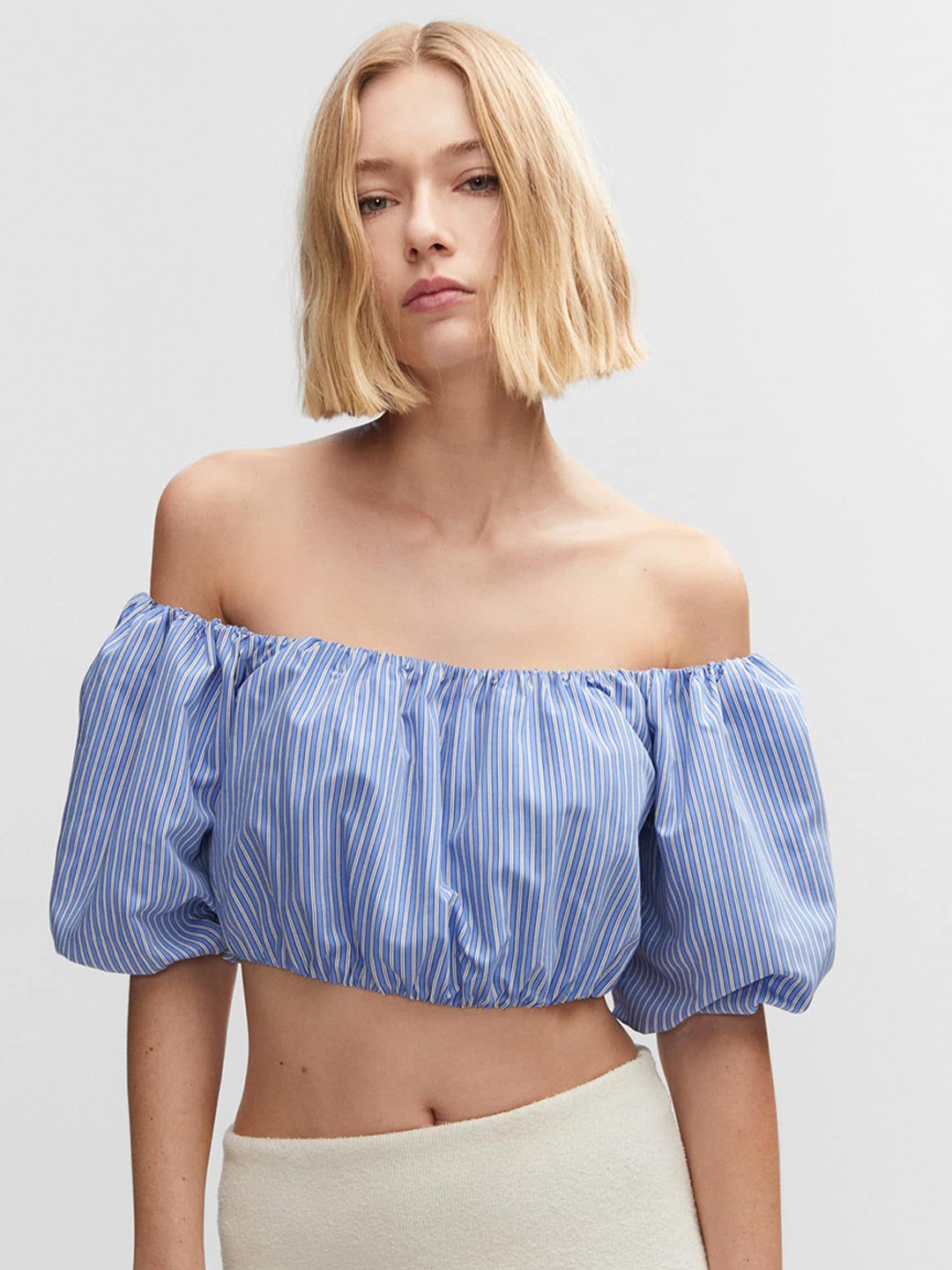 

MANGO Striped Off-Shoulder Bardot Crop Top, Blue