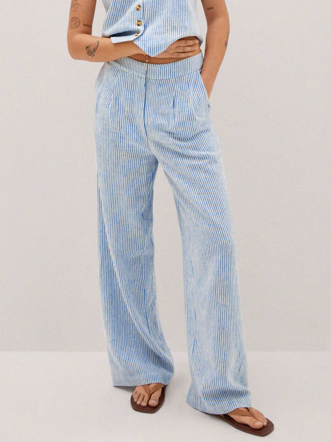 

MANGO Women Striped Parallel Trousers, Blue