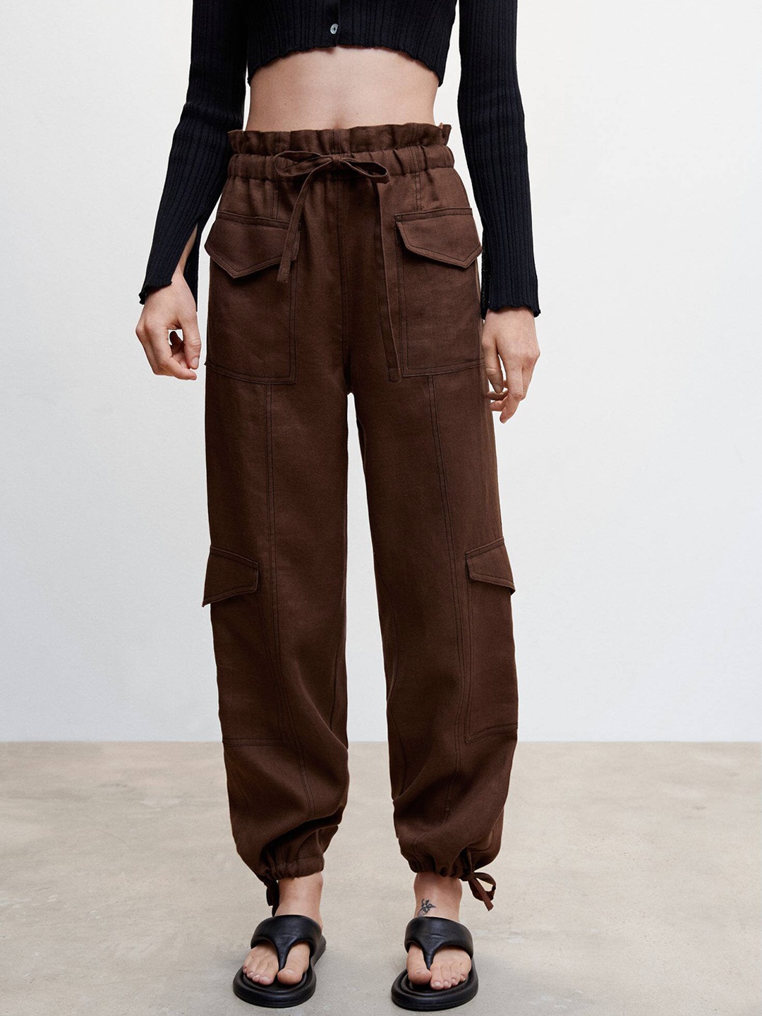 

MANGO Women Pure Linen Jogger-Style Cargos, Brown