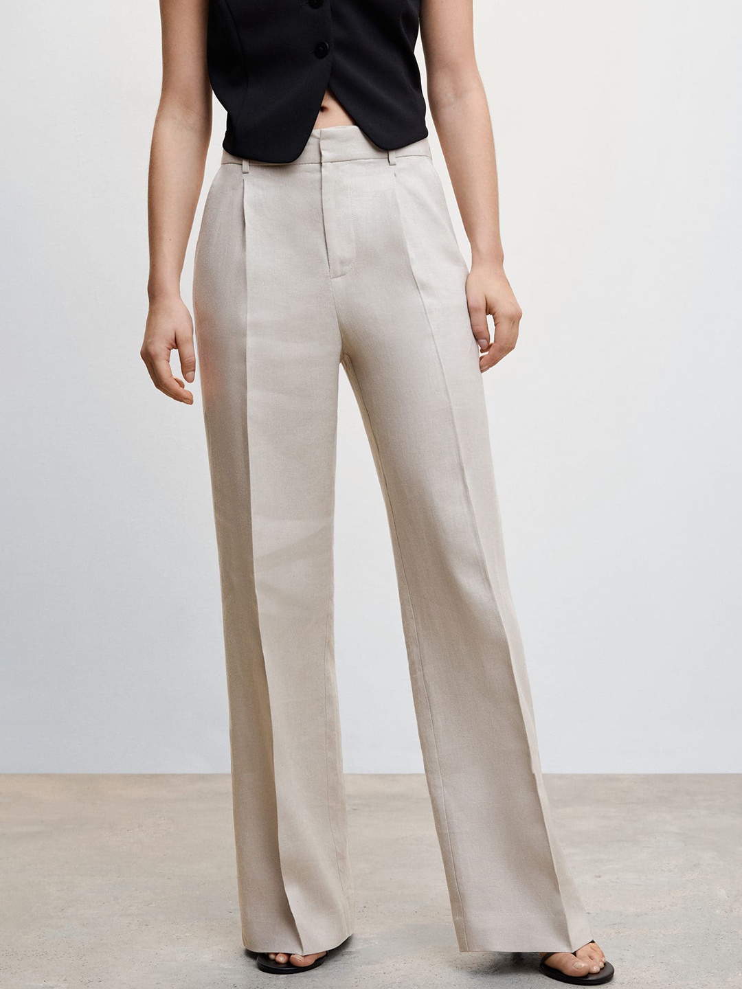 

MANGO Women Linen Regular Fit Parallel Trousers, Grey