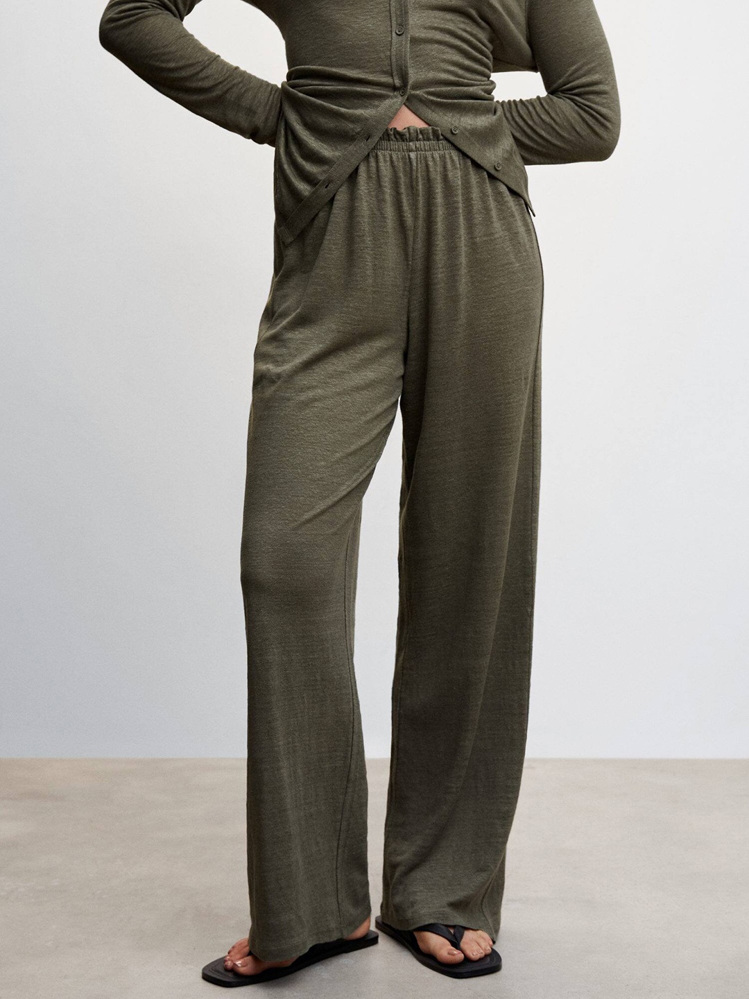 

MANGO Women Linen Trousers, Olive