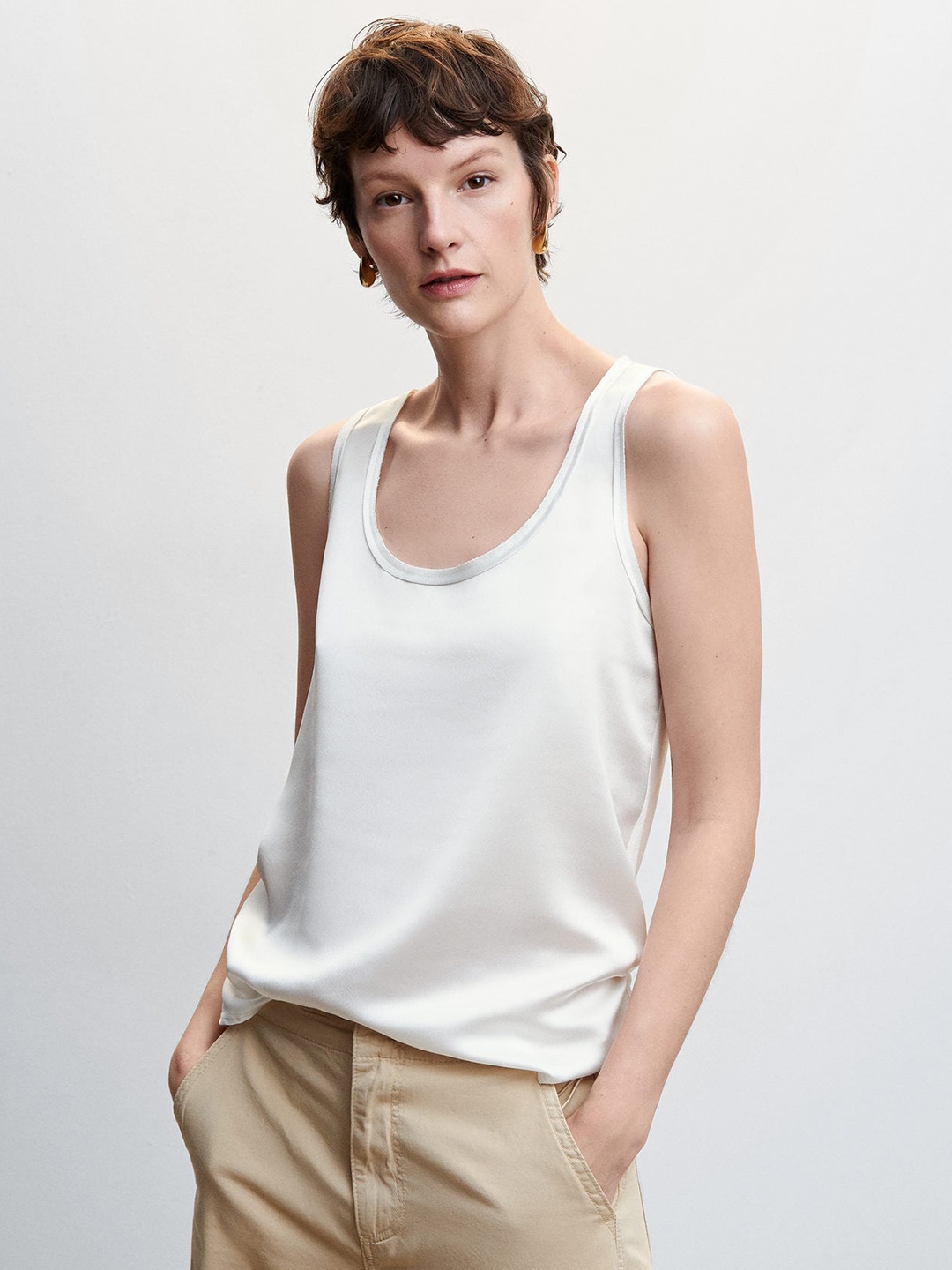 

MANGO Solid Round Neck Top, White