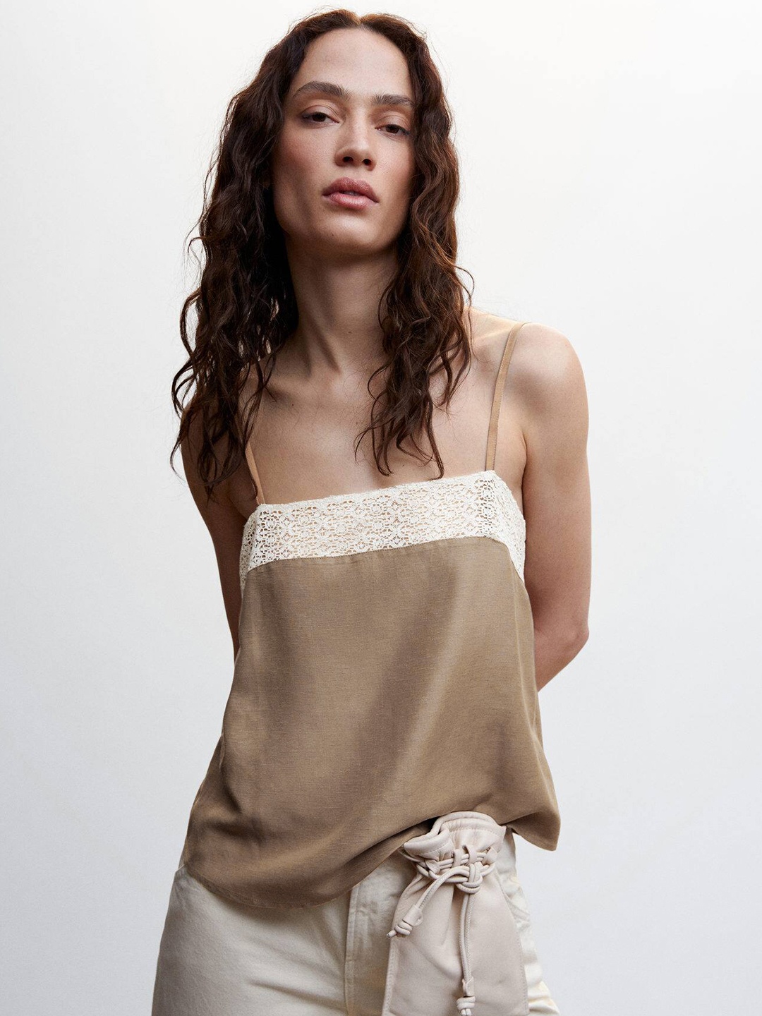 

MANGO Lace Inserted Shoulder Straps Georgette Top, Beige