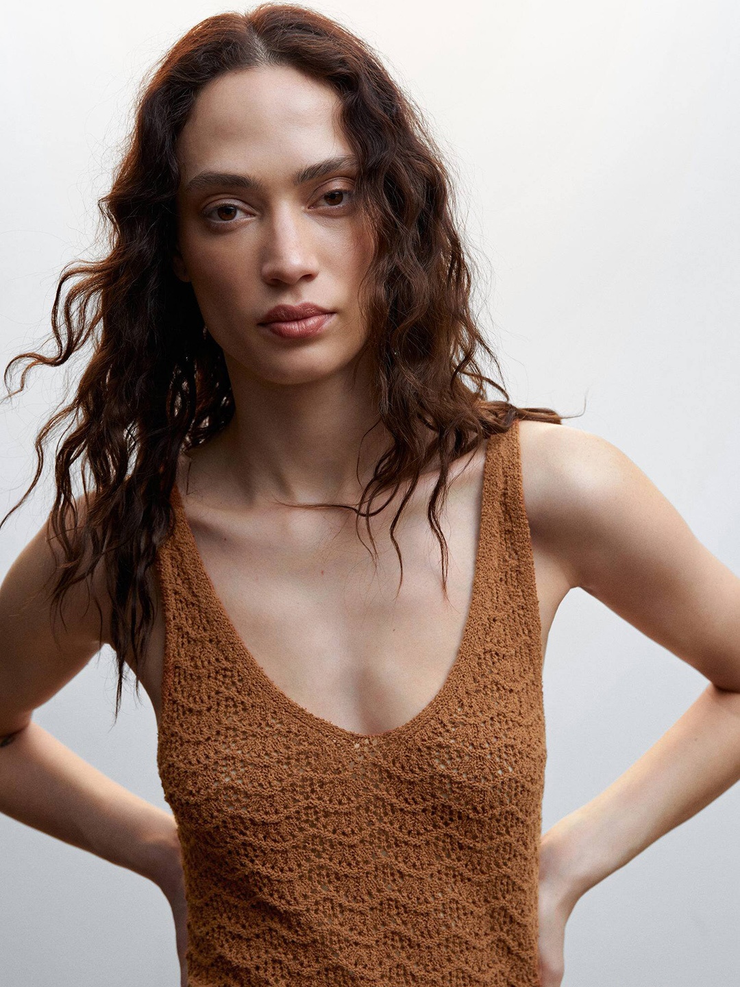 

MANGO Openwork Details Knitted Top, Brown