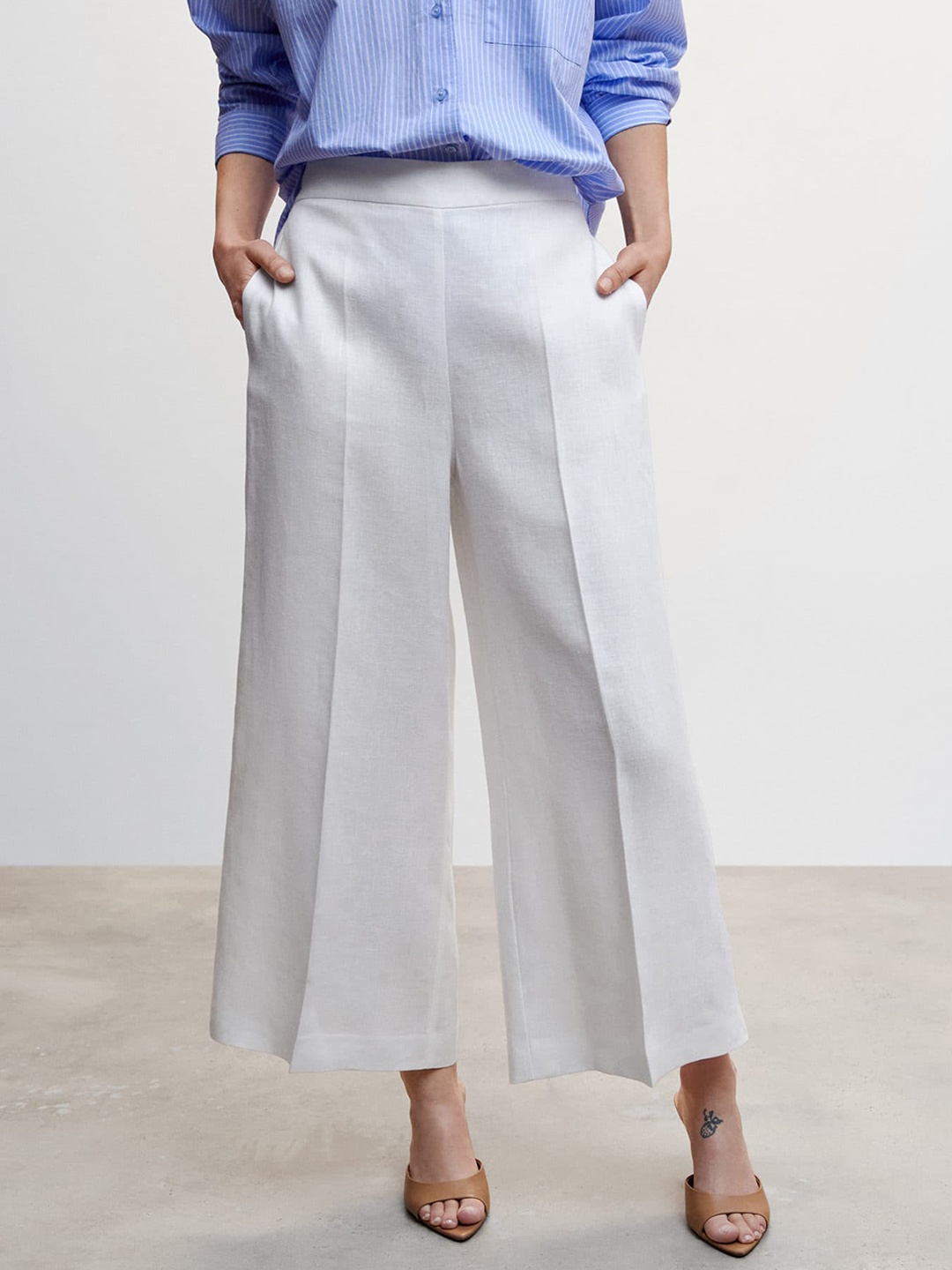 

MANGO Women High-Rise Pleated Pure Linen Trousers, Off white