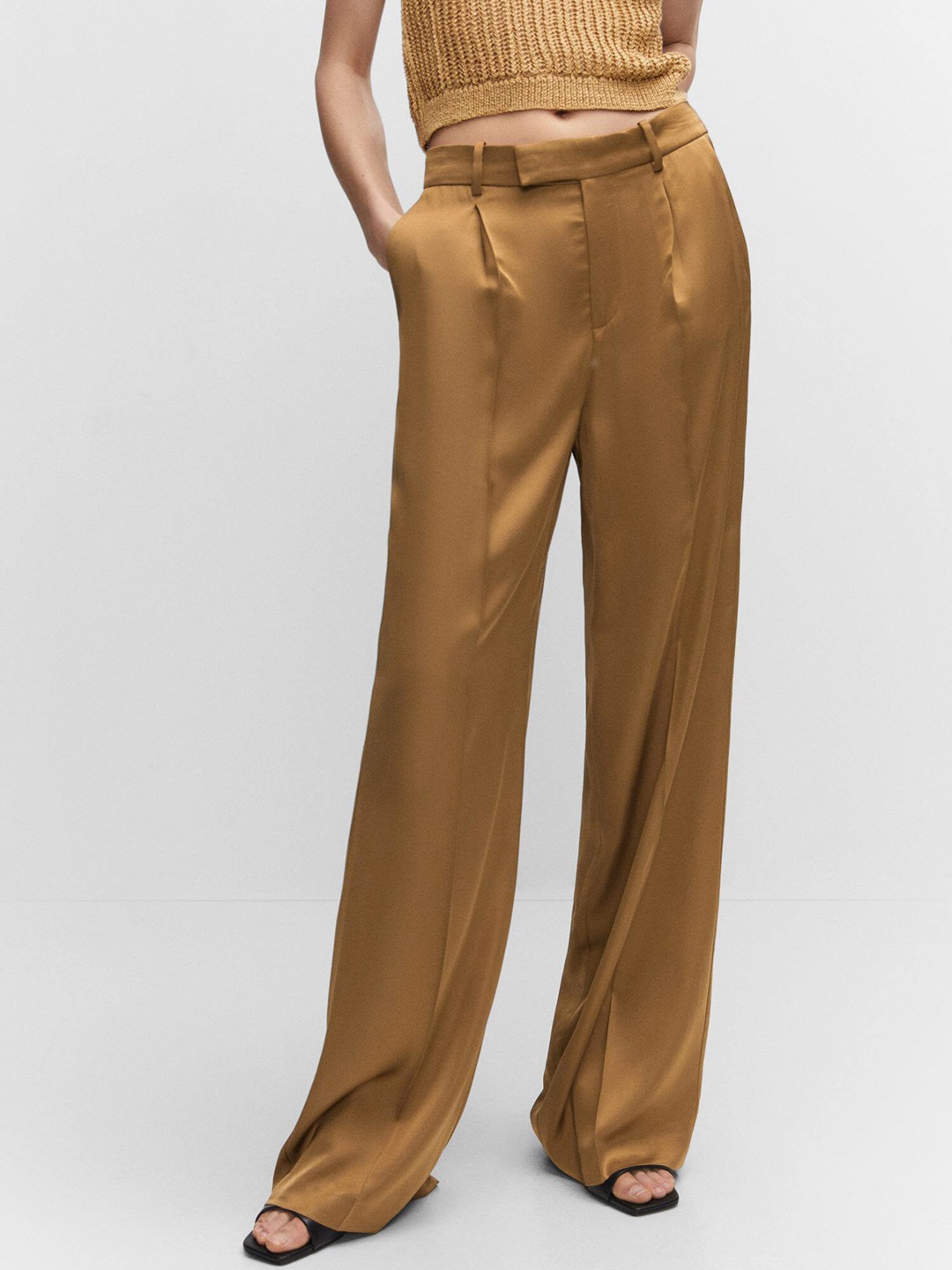 

MANGO Women Straight Fit Pleated Trousers, Khaki