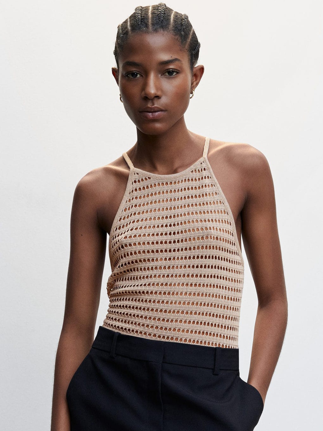 

MANGO Crochet Top, Beige