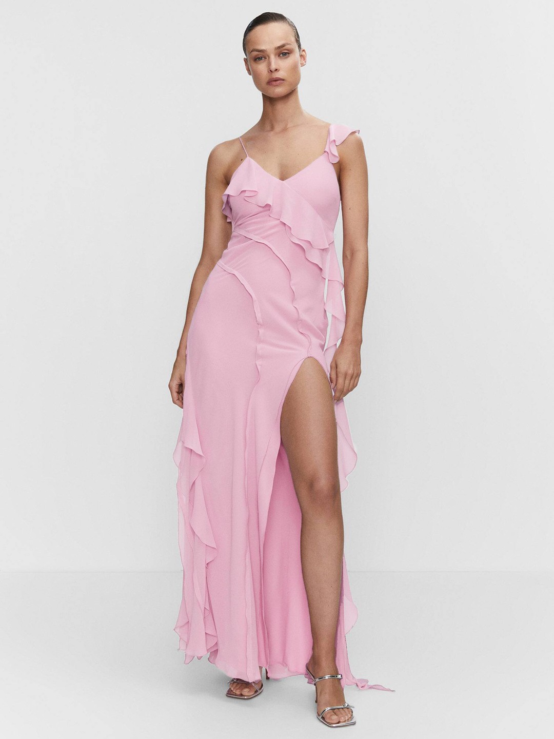 

MANGO Asymmetric Neck High-Slit Ruffled Maxi Dress, Lavender