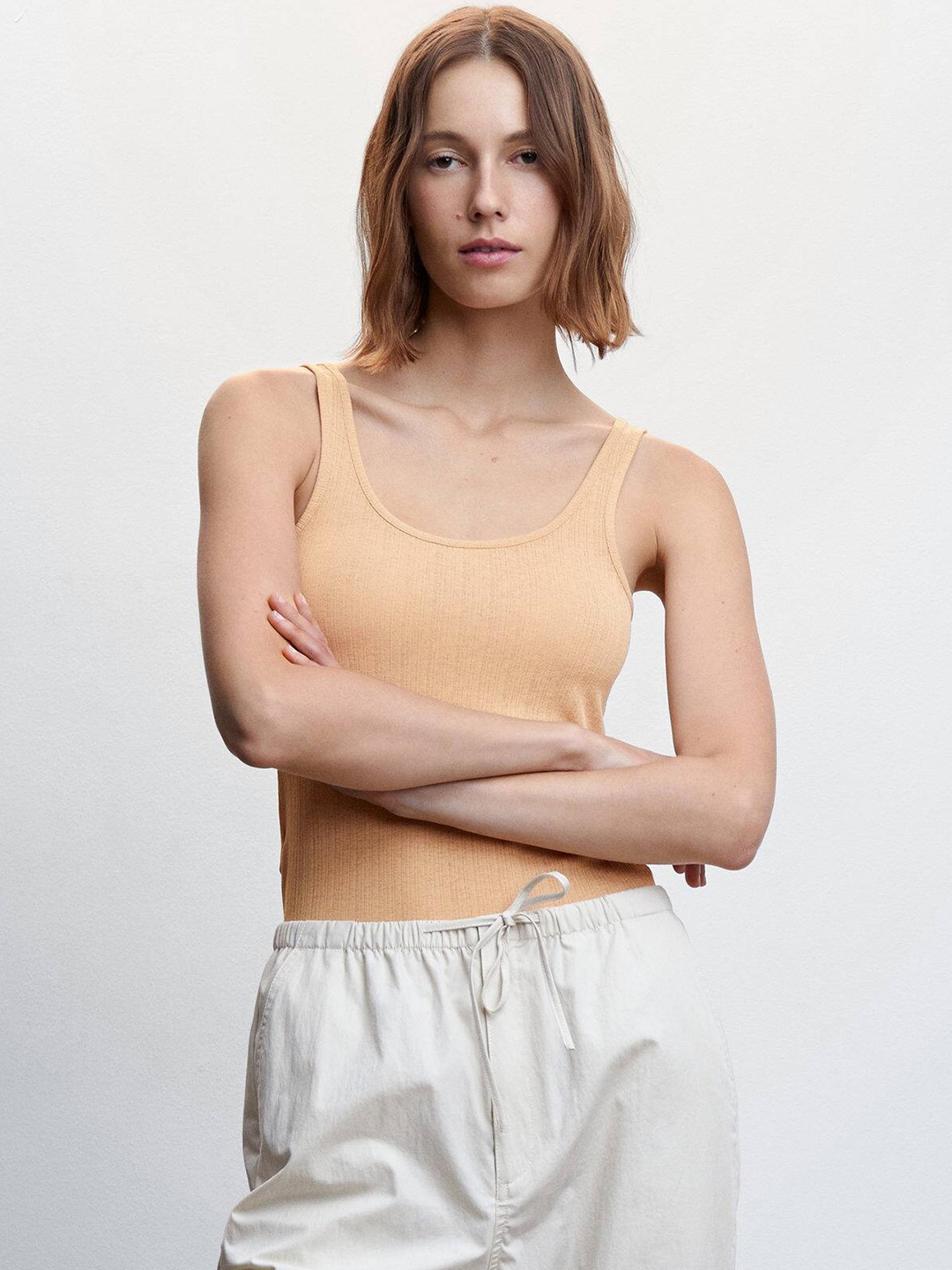 

MANGO Ribbed Top, Peach