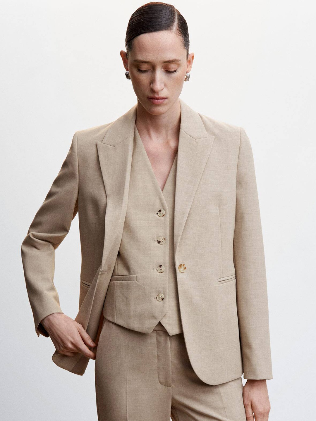 

MANGO Lapel Collar Single-Breasted Blazer, Beige