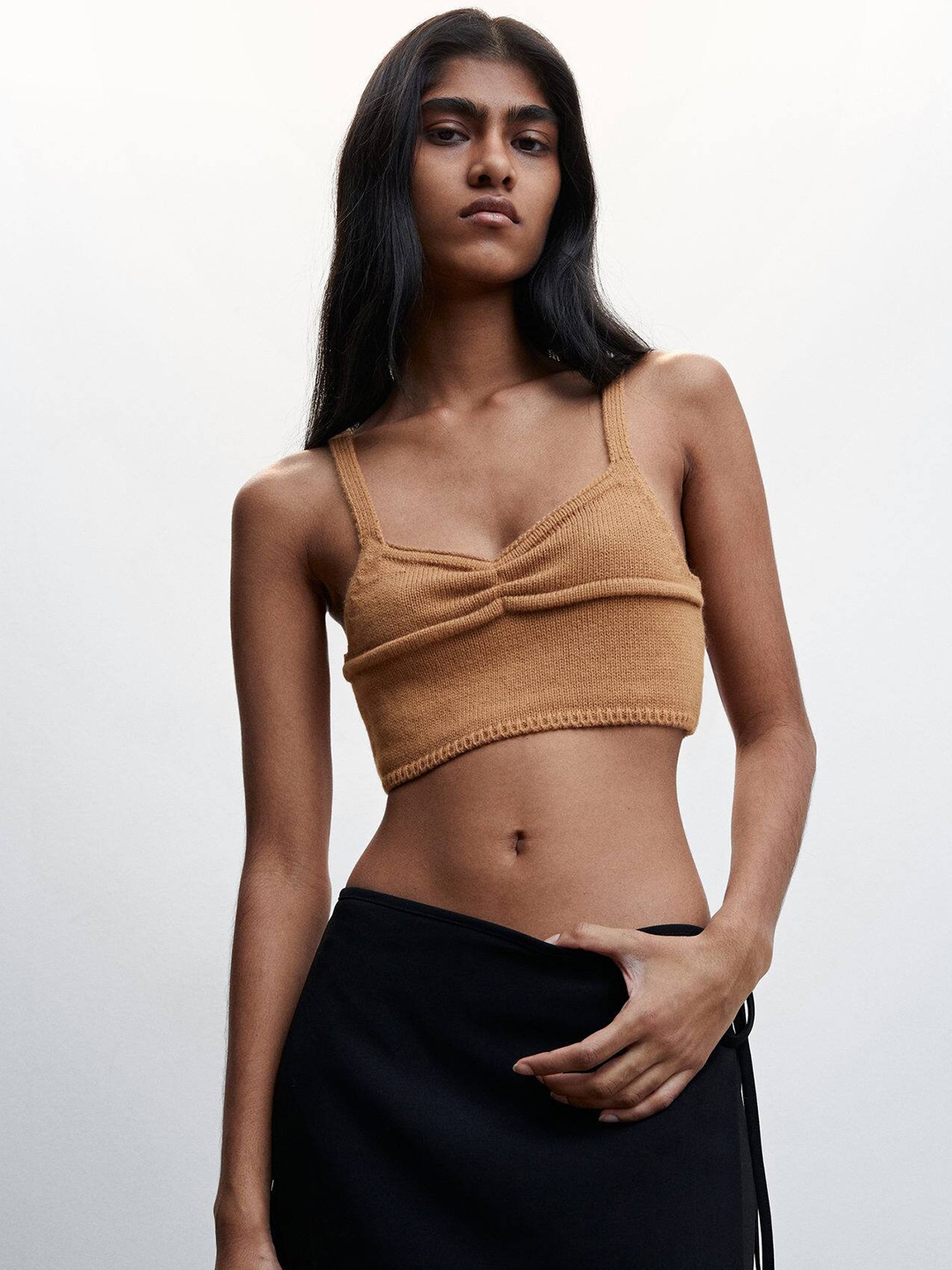 

MANGO Shoulder Straps Ruched Detail Georgette Crop Top, Brown