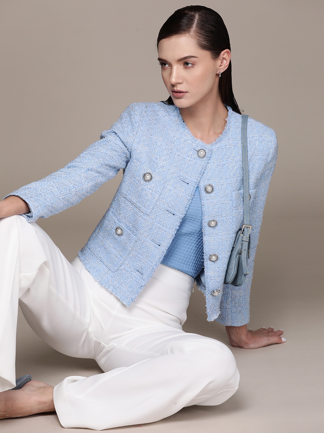 

MANGO Pocket Tweed Tailored Jacket, Blue