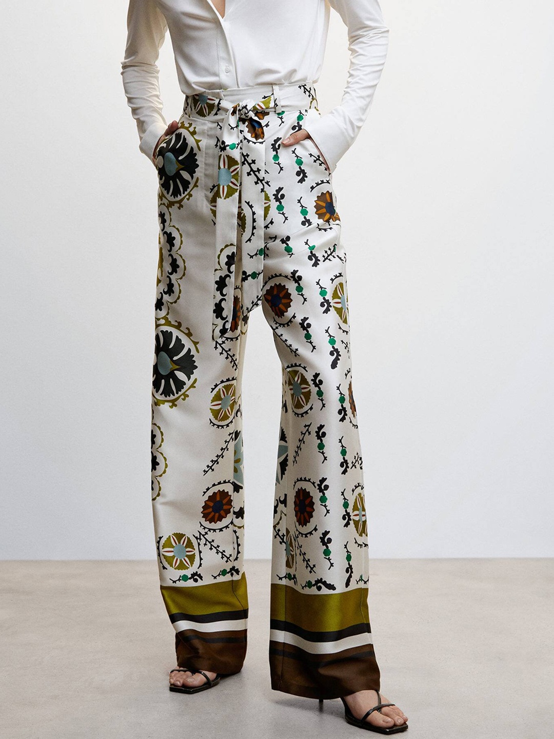 

MANGO Women Satin Printed Trousers, White